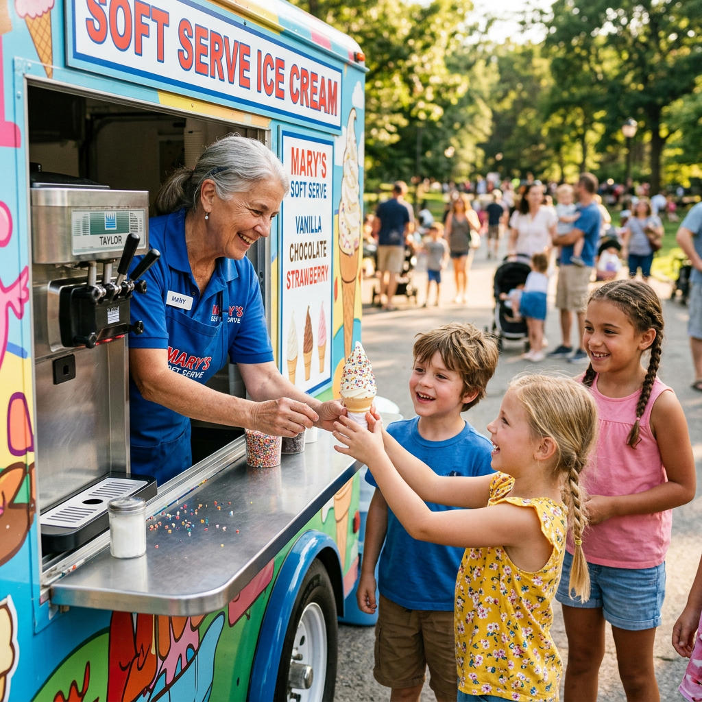 Woman serving soft serve ice cream to smiling children at an outdoor park