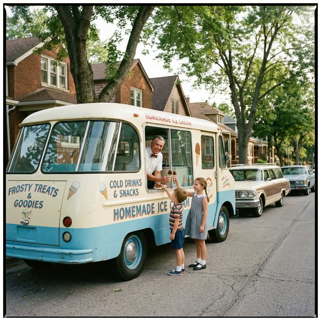 Ice cream truck serving two children with homemade ice cream cones on a residential street