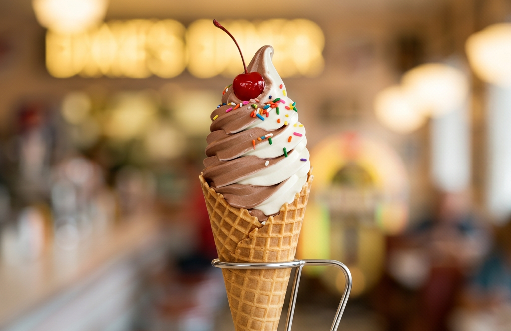 Swirl soft serve ice cream cone with sprinkles and cherry held in a retro diner